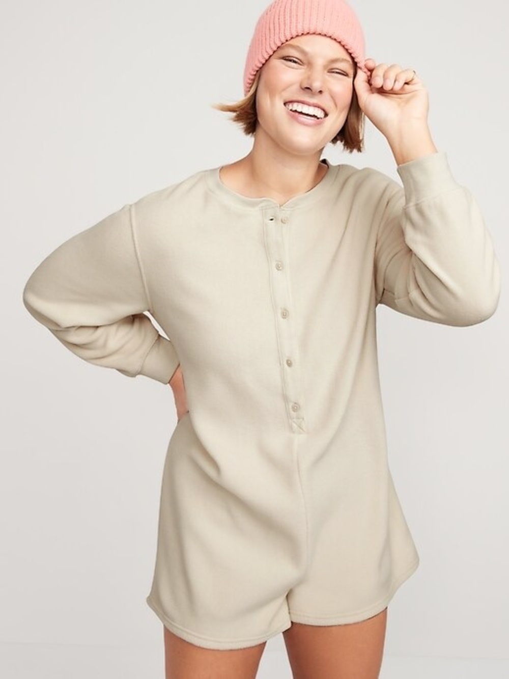 Old Navy Fleece Henley Pajama Romper Loungewear 3.5-inch inseam Size Medium